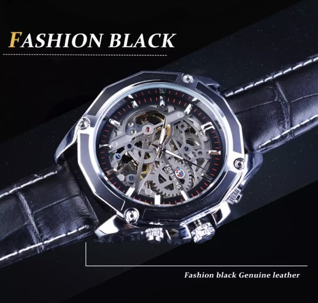 Jam Tangan Pria Automatic Original Forsining Transparan Skeleton Silver Black