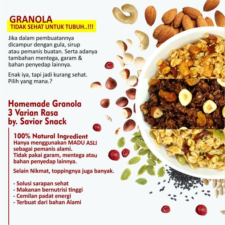 SAVIOR SNACK GRANOLA 3 VARIAN RASA CRUNCHY ABSOLUTELY CHOCOLATE WITH HAZELNUT - CRUNCHY CINNAMON CASHEW ALMOND - VANILA MIX SEEDS - SEREAL MAKANAN SEHAT SARAPAN PRAKTIS BERGIZI TINGGI NUTRISI BAHAN ORGANIK TANPA GULA DAN GARAM - HIGH QUALITY - HALAL