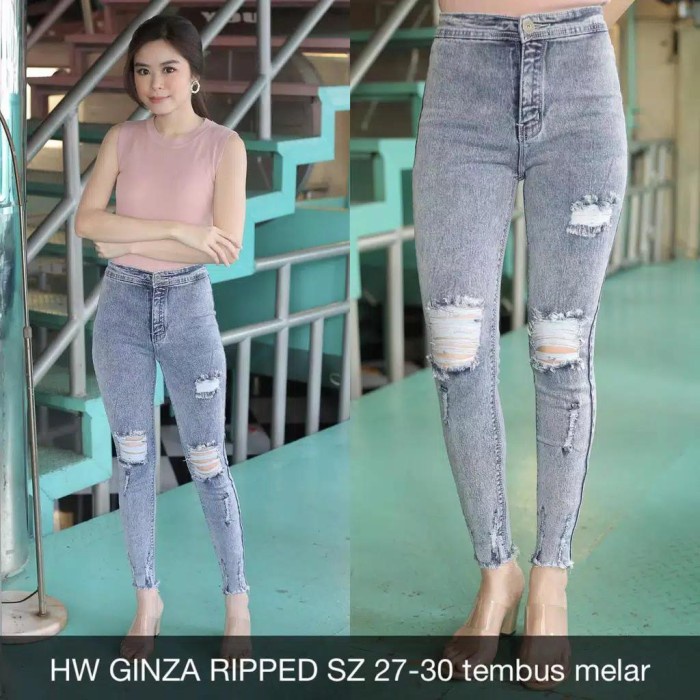 Celana Wanita HW Ginza Ripped Tembus/Panjang Import Highwaist Jeans - Snow Grey, 34