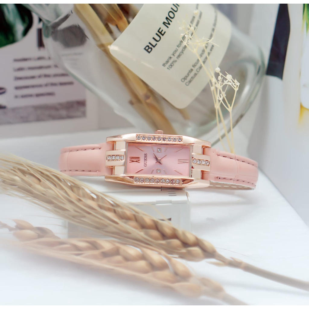 Jam Tangan Quartz Strap PU Analog Casual Gaya Retro Wanita Persegi Panjang Watch Korean Fashion RM024-PINK