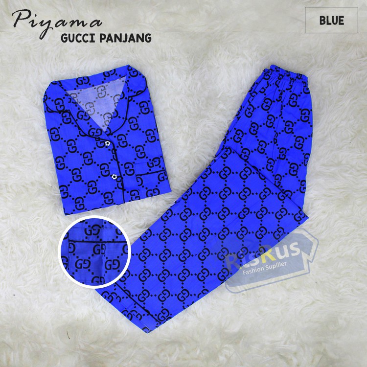 CP GUCCI PIYAMA CELANA PANJANG BIRU PAKAIAN BAJU TIDUR PAJAMAS WANITA KATUN JEPANG