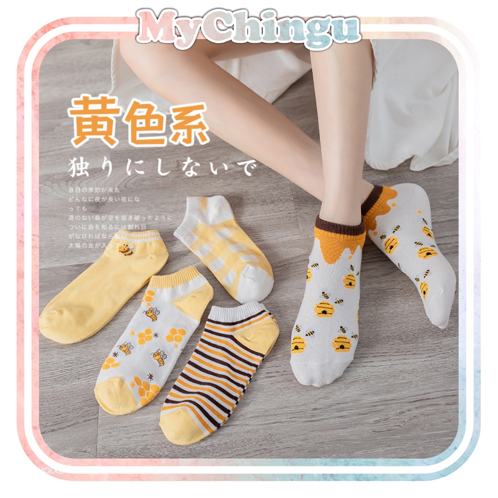 ❀ Chingu ❀ KK021 Kaos Kaki (Tanpa Kemasan) Wanita Tipis Pendek Semata Kaki Motif Bunga Lebah Bee Kuning Fashion Korea Women Sock Import Murah