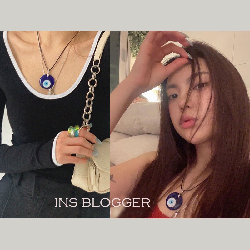 Kalung Choker Rantai Klavikula Hias Liontin Mata Iblis Warna Biru Untuk Wanita