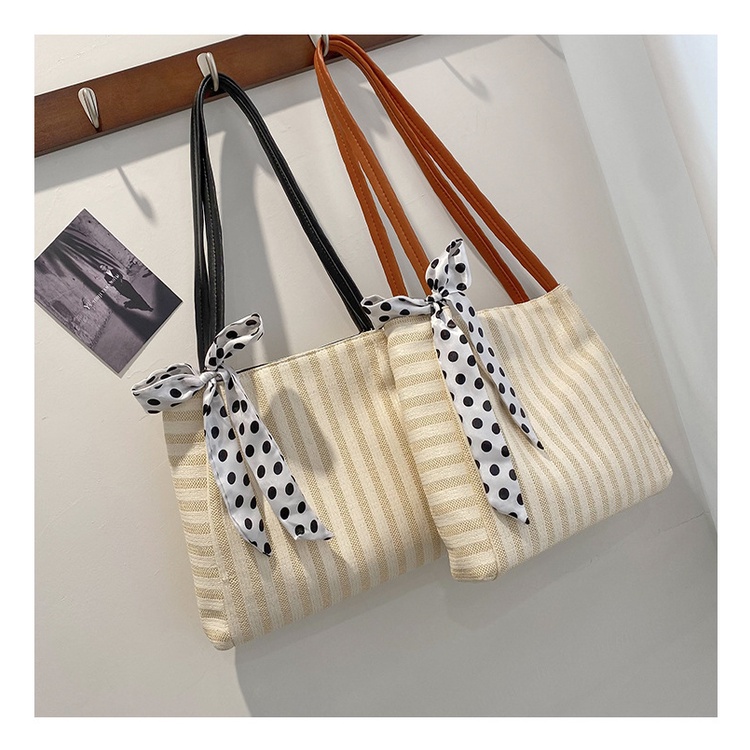 Drozenb Tas Tote Wanita Bahan Anyam Jerami Model Korea/Totebag Fashion Korea Bahan Anyaman Motif Garis/Tas Anyaman Korea Motif Garis/Tas Pantai Korea