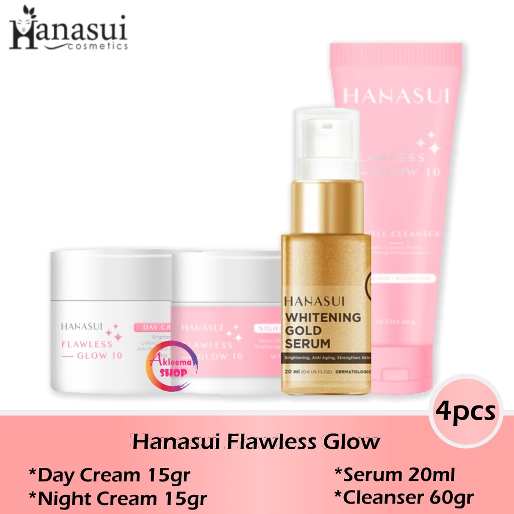 Paket Hanasui Flawless Glow 4pcs (day cream 15gr+night cream 15gr+Serum gold 20ml+Cleanser 60gr)