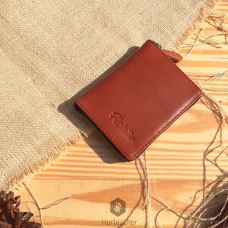 Dompet mini zipper kulit sapi warna havana free laser grafir nama