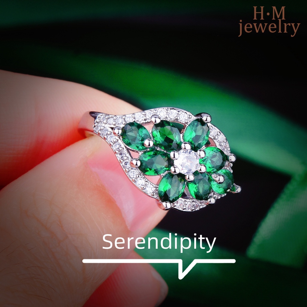 Cincin Model Terbuka Bahan Sterling Silver 925 Hias Permata Emerald Warna Warni Gaya Simple Untuk Wanita