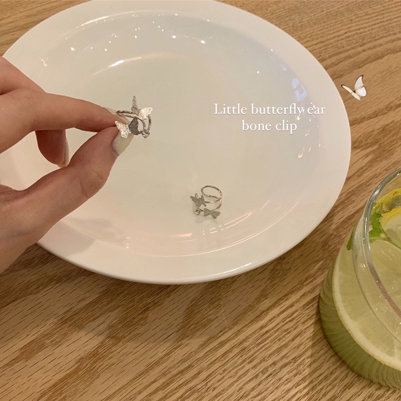 Papaozhu 1PC Chic s925 Perak Ganda Kupu-Kupu Klip Anting-Anting Untuk Wanita Perempuan Bergaya Non Tindik Cuff Earrings Telinga Perhiasan