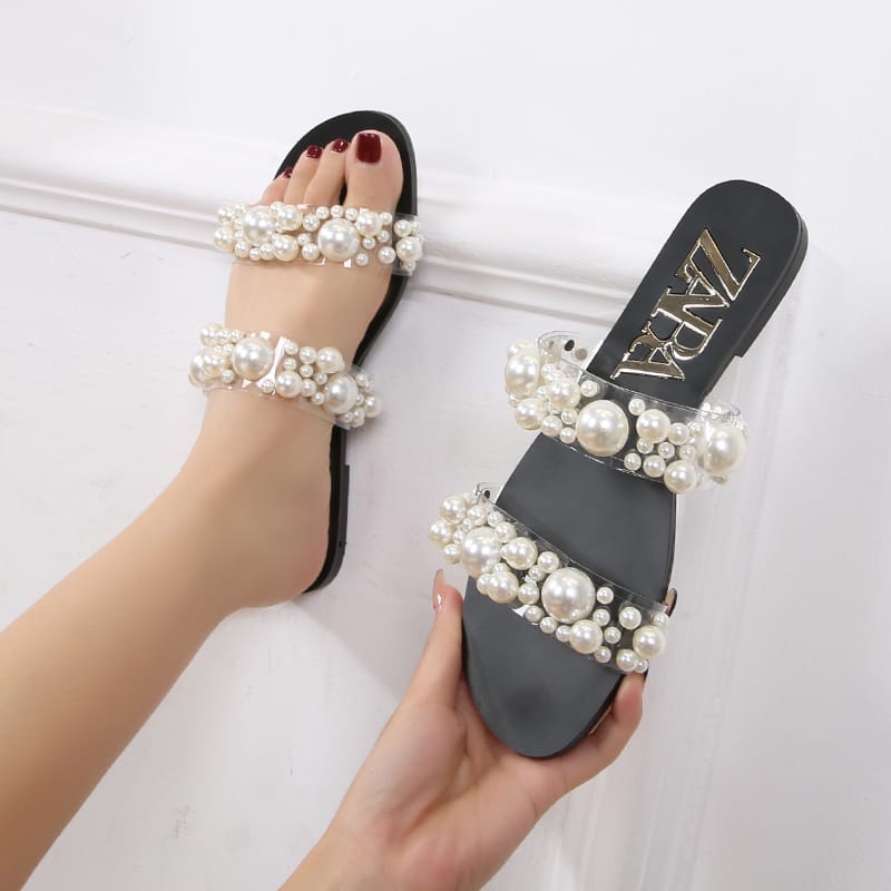 CKBAGS - SANDAL WANITA FLAT Z4RA DOUBLE STRAP MOTIF MUTIARA IMPORT PREMIUM #3264