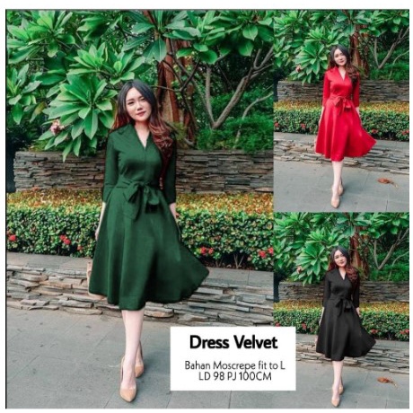 Baju Kondangan Wanita Cewek Dress casual polos warna merah hitam putih Ms Dress Velvet Dress basic K