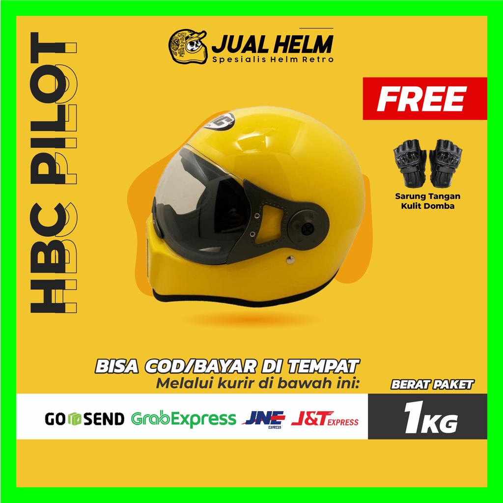 HELM CAKIL HBC PILOT VISOR KUNING GLOSSY ( Fullface / Retro / Klasik / Vespa )