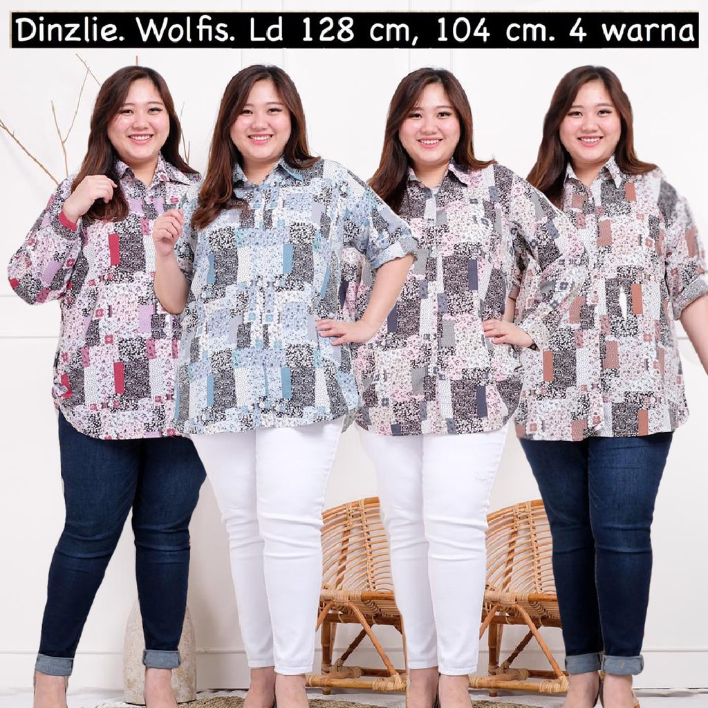 dinzlieshop Kemeja Wanita Motif Kotak Bunga Mercie Kecil Bahan Wolfis Premium XL dan XXXL