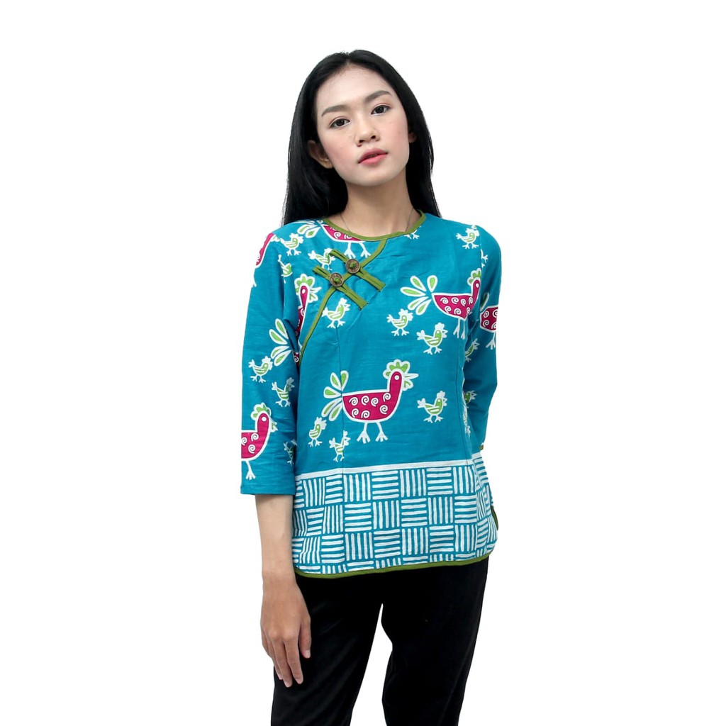 Blouse Batik Wanita Atasan Motif Ayam Warna tosca  Size  S-M-L-XL-XXL-3L-4L-5L-