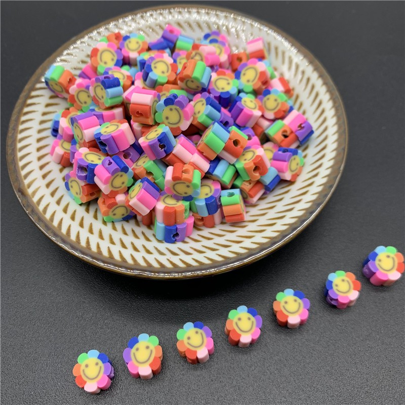 50Pcs / Lot Manik-Manik Spacer Bentuk Bunga Matahari Senyum Bahan Polymer Clay 10mm Untuk Membuat Perhiasan Handmade DIY