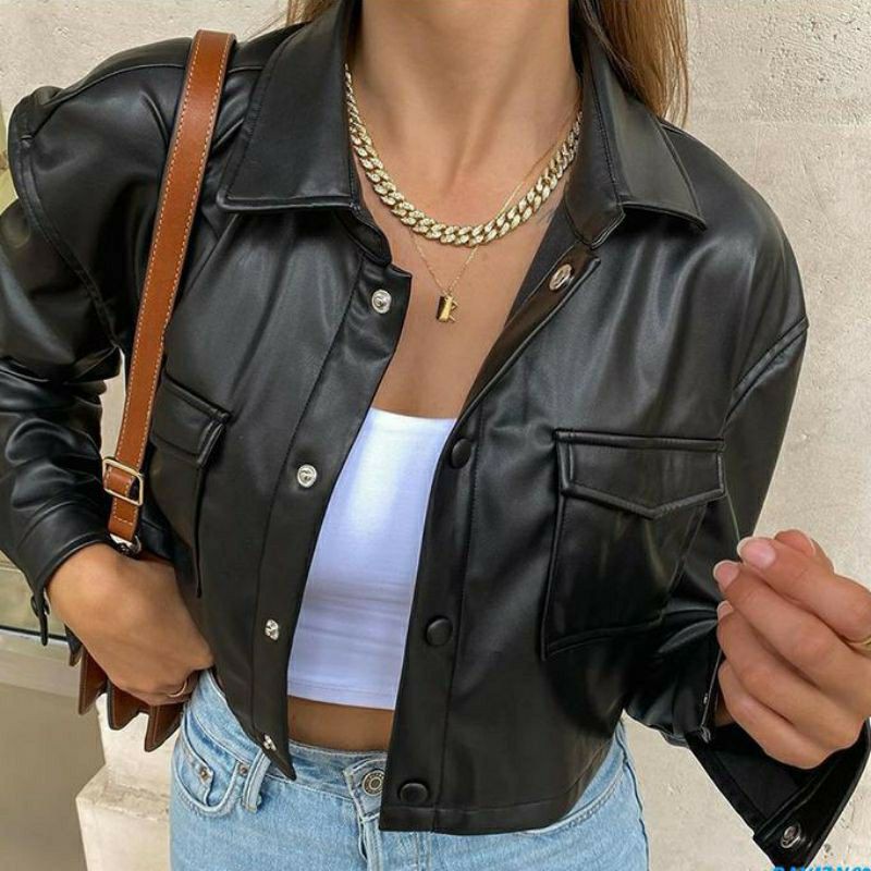 Leather Crop Shirt Leather Jacket Crop Kulit Sintetis Crop Top OOTD