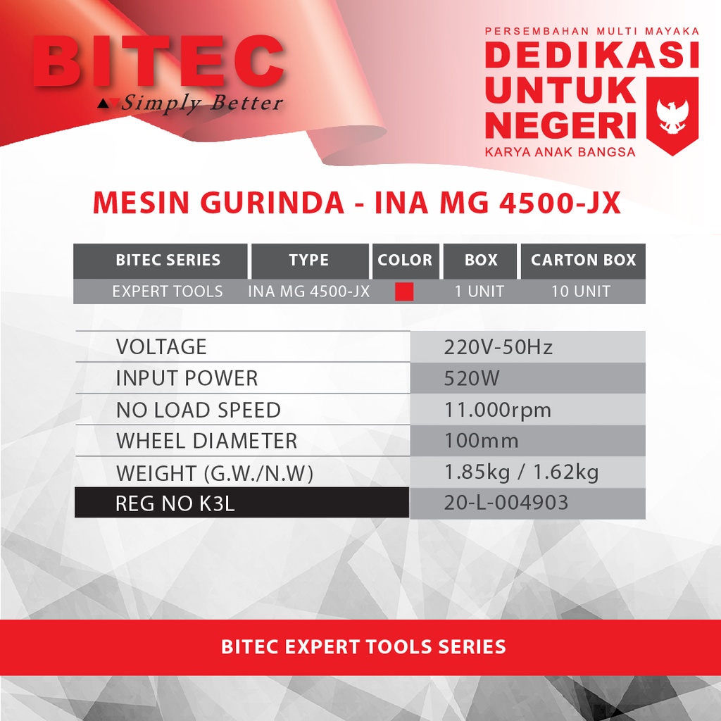 BITEC - MESIN GERINDA TANGAN EXPERT 520W 4&quot; - INA MG 4500-JX - GARANSI RESMI 1 TAHUN