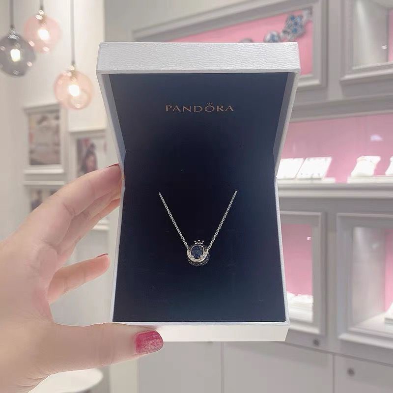 Pandora Kalung 925 Silver Cubic Zirconia Bentuk Mahkota Aksen Berlian Untuk Wanita