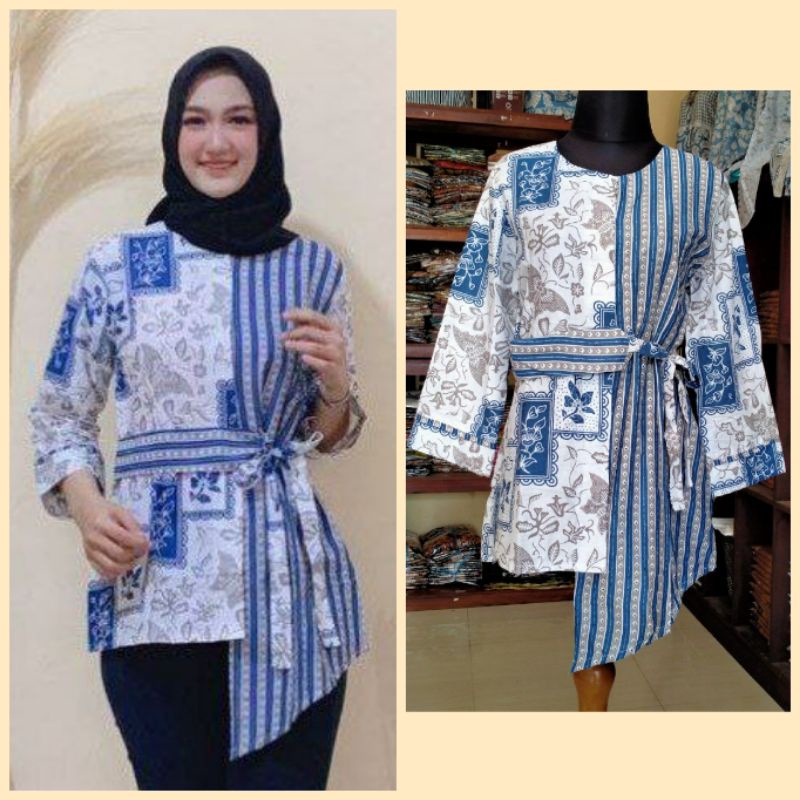 tey-17 Batik wanita ASJ SA HRB026 Kenongo Kemeja Tosca Pendek-Kupu Biru