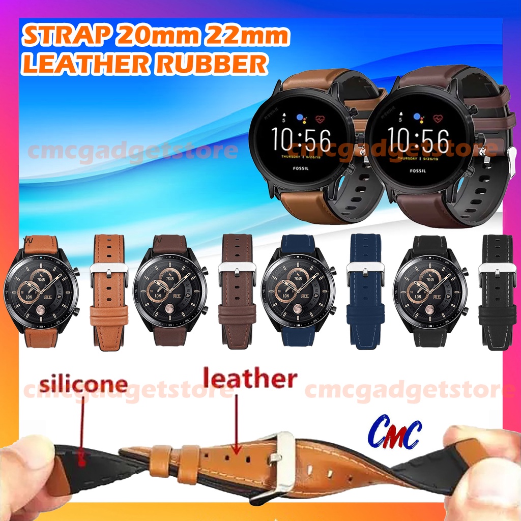 Strap Leather Rubber Hybrid Silikon Tali Jam Tangan Kulit Karet 20mm 22mm 38 40 41 42 44 45 mm Smartwatch