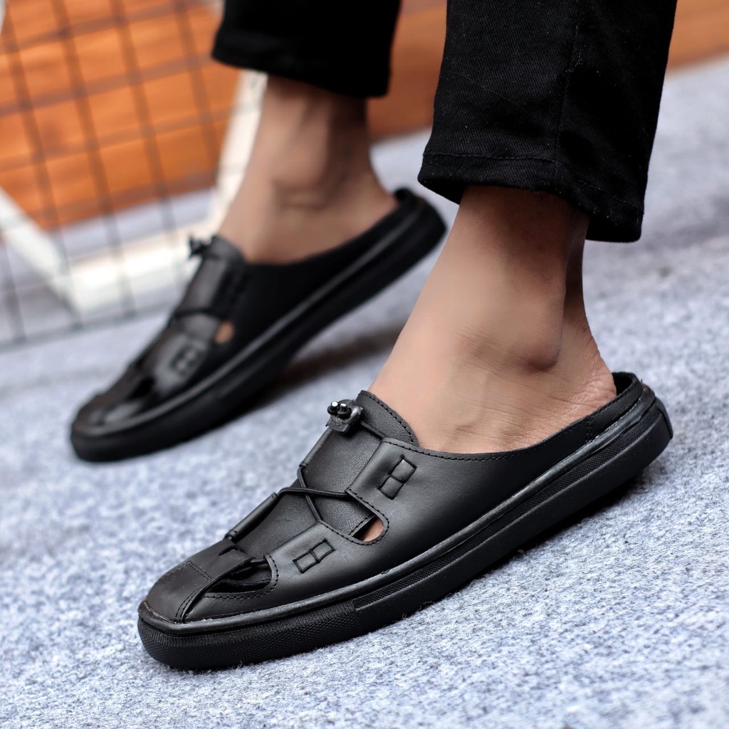 ENOZ X VELOZ - Sandal Slop Loafers Pria Kasual Kulit Asli Original Handmade Slip On Bustong Casual Cowo Laki Men ORI Terkini Sepatu Sendal Casual Cowok Keren Trendy Kekinian