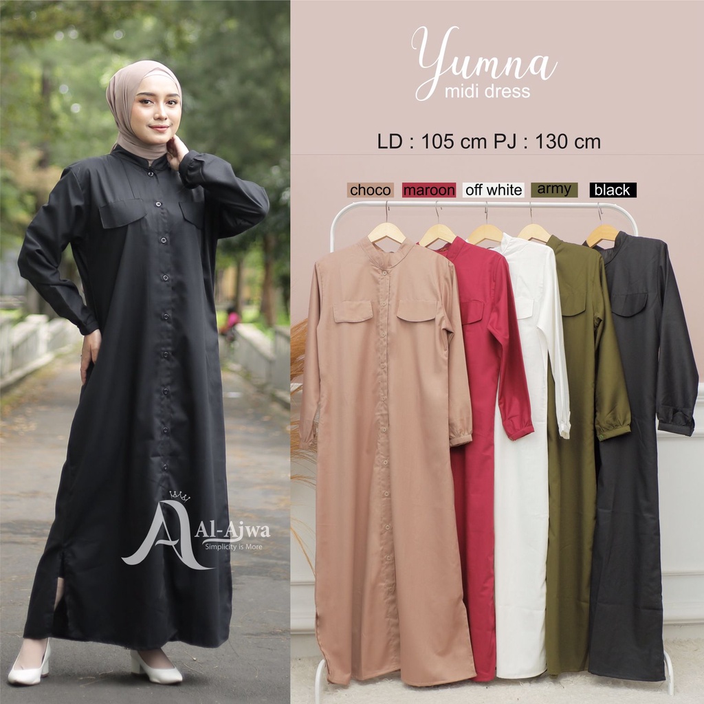Ajwa Yumna Dress Gamis Midi Abaya Daily Polos Dewasa Kekinian Busui Toyobo Premium Bergaransi