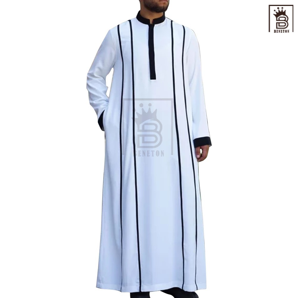 Jubah Muslim Pria Jubah Katun Premium Gamis Pria Putih Strip BJ-05