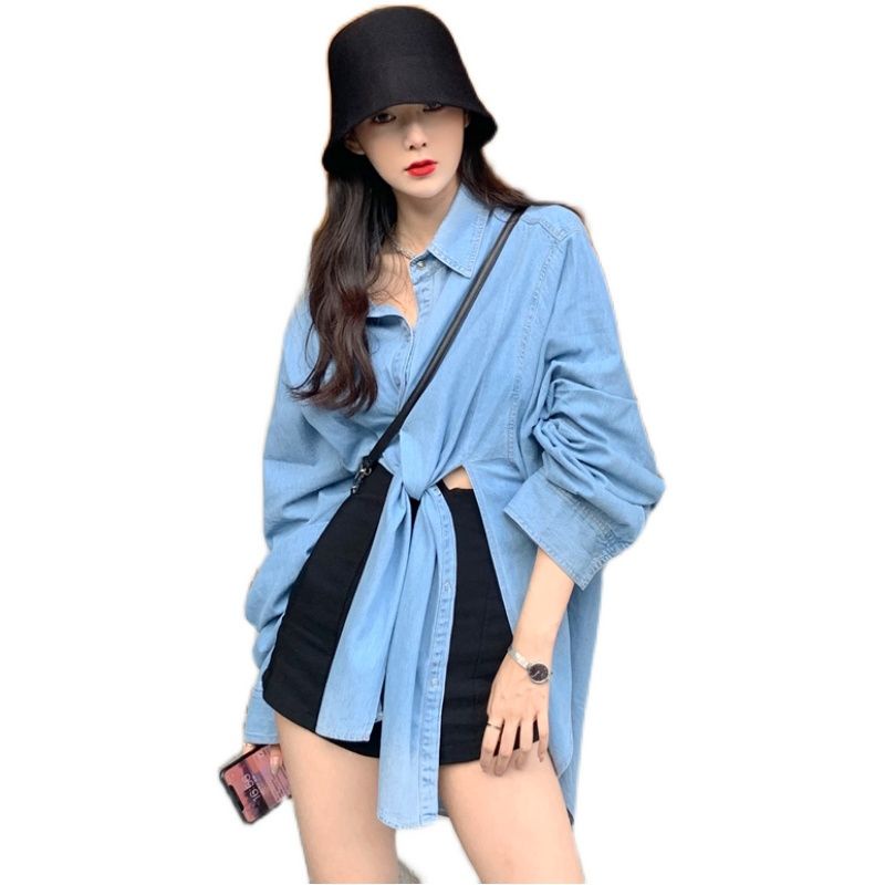 Shifon kemeja blus wanita kemeja denim biru longgar fit lengan panjang setengah panjang kemeja