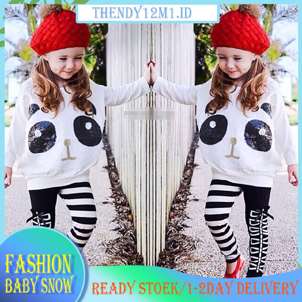 Set 2Pcs Baju  Atasan Motif Garis Garis Gambar Panda dan 