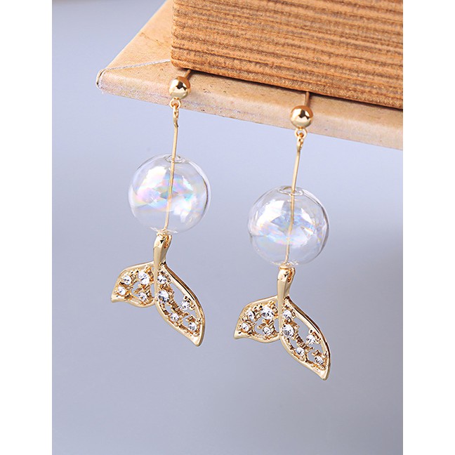 LRC Anting Tusuk Fashion Golden Diamond Fishtail Transparent Glass Ball Stud Earrings F91423