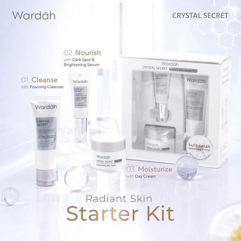 Wardah Crystal Secret Series | Brightening Day Cream | Active Night Gel | Dark Spot Brightening Serum | Exfoliating Toner | Melting Milky Cleanser | Pure Treatment Essence | Refreshing Day Gel