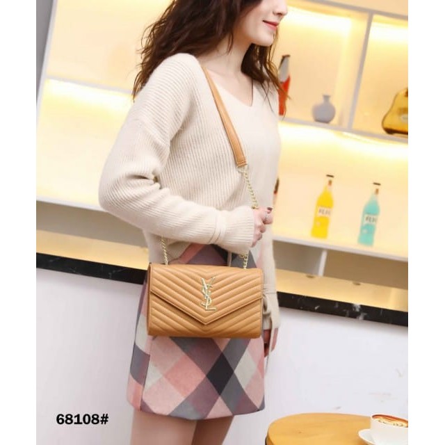 New SAINT LAURENT Classic Clutch Bag YSL Monogram Logo Classic Gold Chain Clutch + BOX 68108