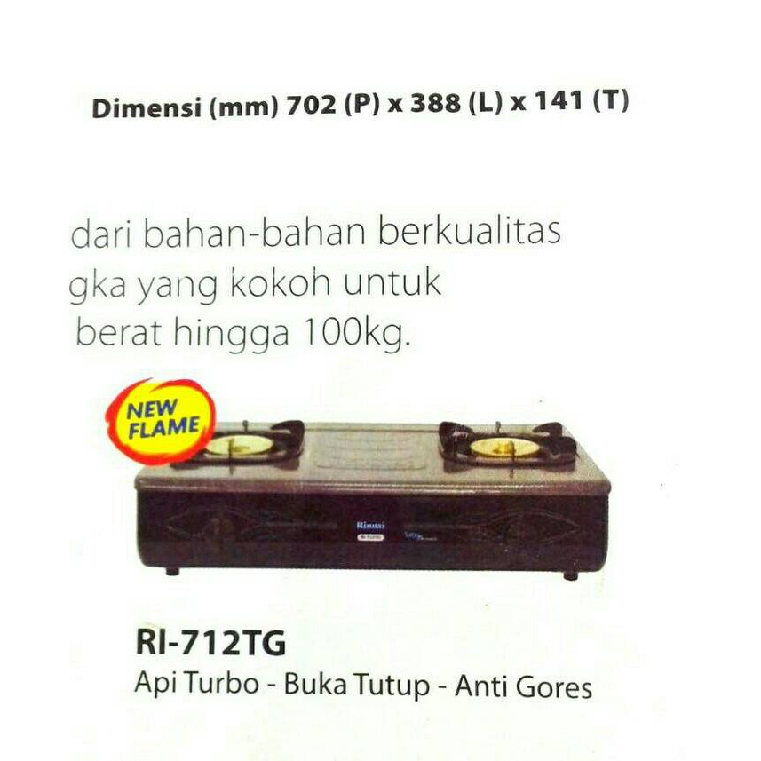 Kompor Gas RINNAI 2 tungku Turbo burner RI 712TG - RI712TG - 712  TG gas stove SNI