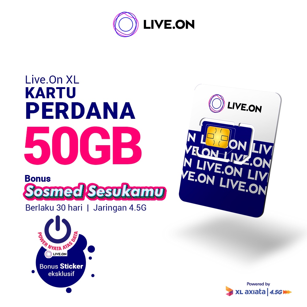 Live.On Kartu Perdana 50GB (30 hari) + Sosmed Sesukamu Jaringan 4.5G + Sticker I