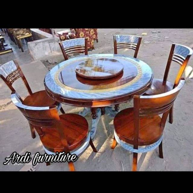 Set Meja makan bulat bundar jati ukir jepara