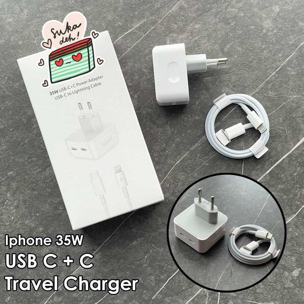 super travel Charger 35w Dual USB PD Type C + kabel c to lightning Fast Charging untuk iPh 11 12 13 14 Pmax BY SMOLL