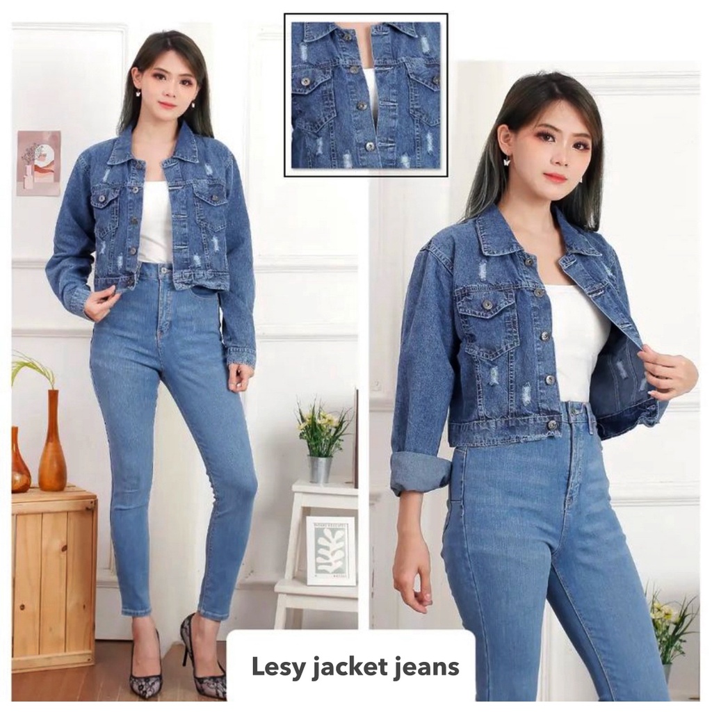 Lesy crop jacket jeans wanita by Genijeans