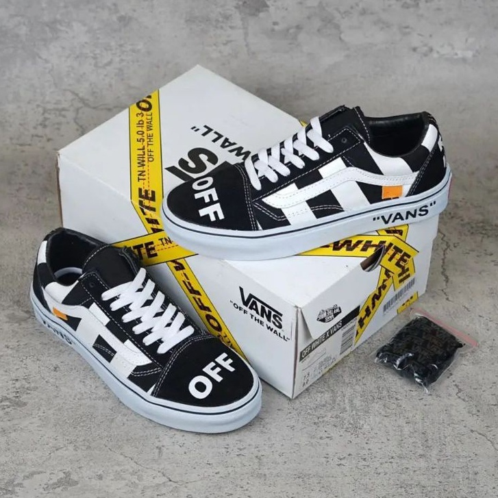 DISKON SEPATU VANS OLD SKOOL OFF WHITE X VANS BLACK WHITE (VANS AIR JORDAN) DOUBLE TALI WAFFLE ICC 1