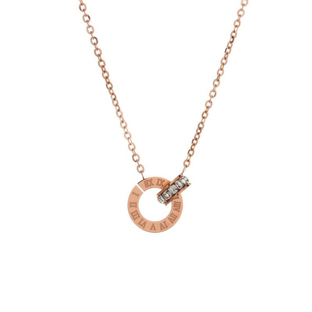 Rose Gold Zircon Titanium Stainless Steel Cincin Ganda Angka Romawi Kalung untuk Wanita