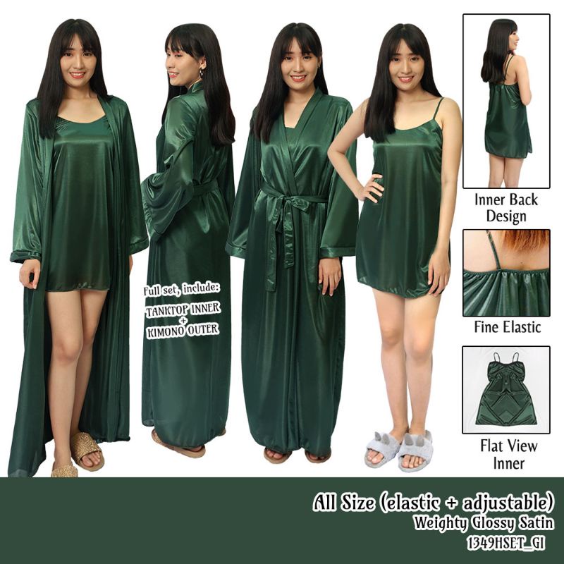 Kimono wanita sexy jubah panjang inner pendek baju tidur satin hijau 1349HSET