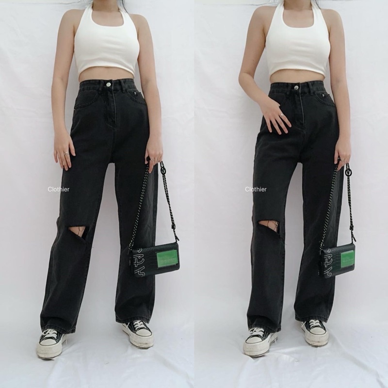 CLOTHIER - Kai Black Washed Ripped Basic Jeans | Unisex Baggy Straight Denim