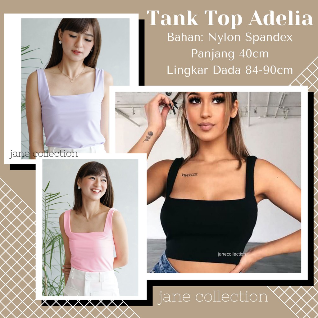 JANE COLLECTION || TankTop Korea Bahu Lebar Wanita Polos Crop Top Tengtop Square Neck Kamisol Tali Lebar Tank Top Adelia [ Hitam Putih Lilac Hijau Mint Baby Pink Light Grey Krem Cream Maroon Fuschia Navy ]