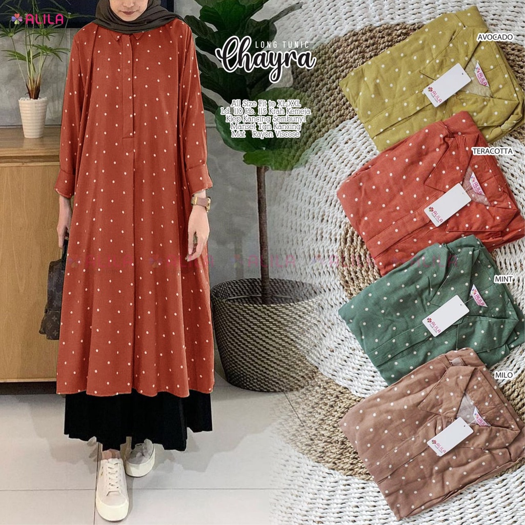 LONG TUNIK  CHAYRA all size fit to XL-XXL ld 110cm kerah kemeja klep kancing polka BUSUI friendly ra