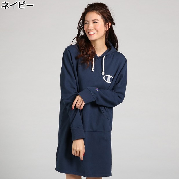 Champion Women Long Hooded Dress Navy Original Sweater Hoodie Wanita