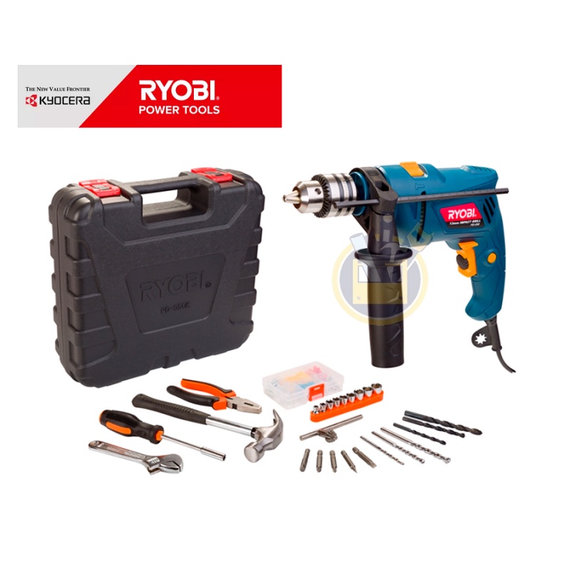 RYOBI Mesin Bor 10 mm Set 87 Pcs Aksesoris PD-550 / Mesin Bor Tangan 10mm Impact Drill Set Aksesoris Koper