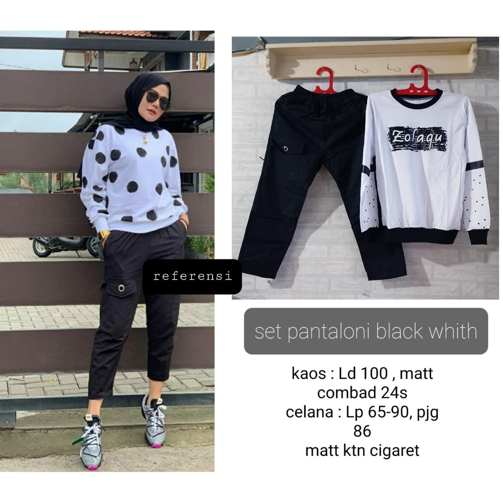 Setelan Casual Baju Kaos Zolaqu Putih Polkadot Baggy pants Pantaloni Cargo Hitam Fashion Wanita