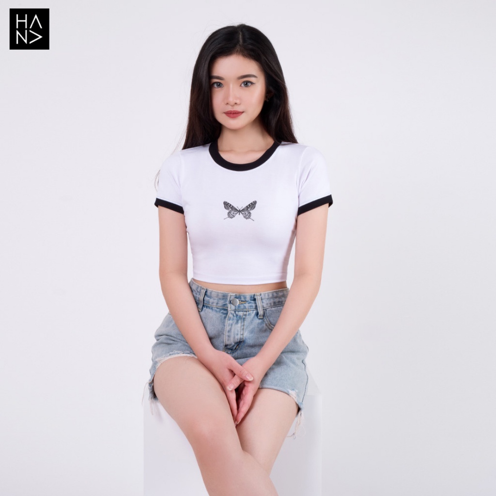 HanaFashion JKT - Butterfly Crop Top Kaos Lengan Pendek Wanita - CT061