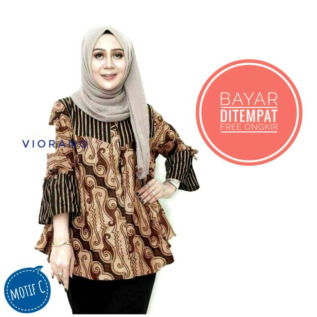 Baju Atasan Batik Muslimah Lengan Terompet / Blouse Wanita Hijab Kancing Lawasan Coklat Berkualitas