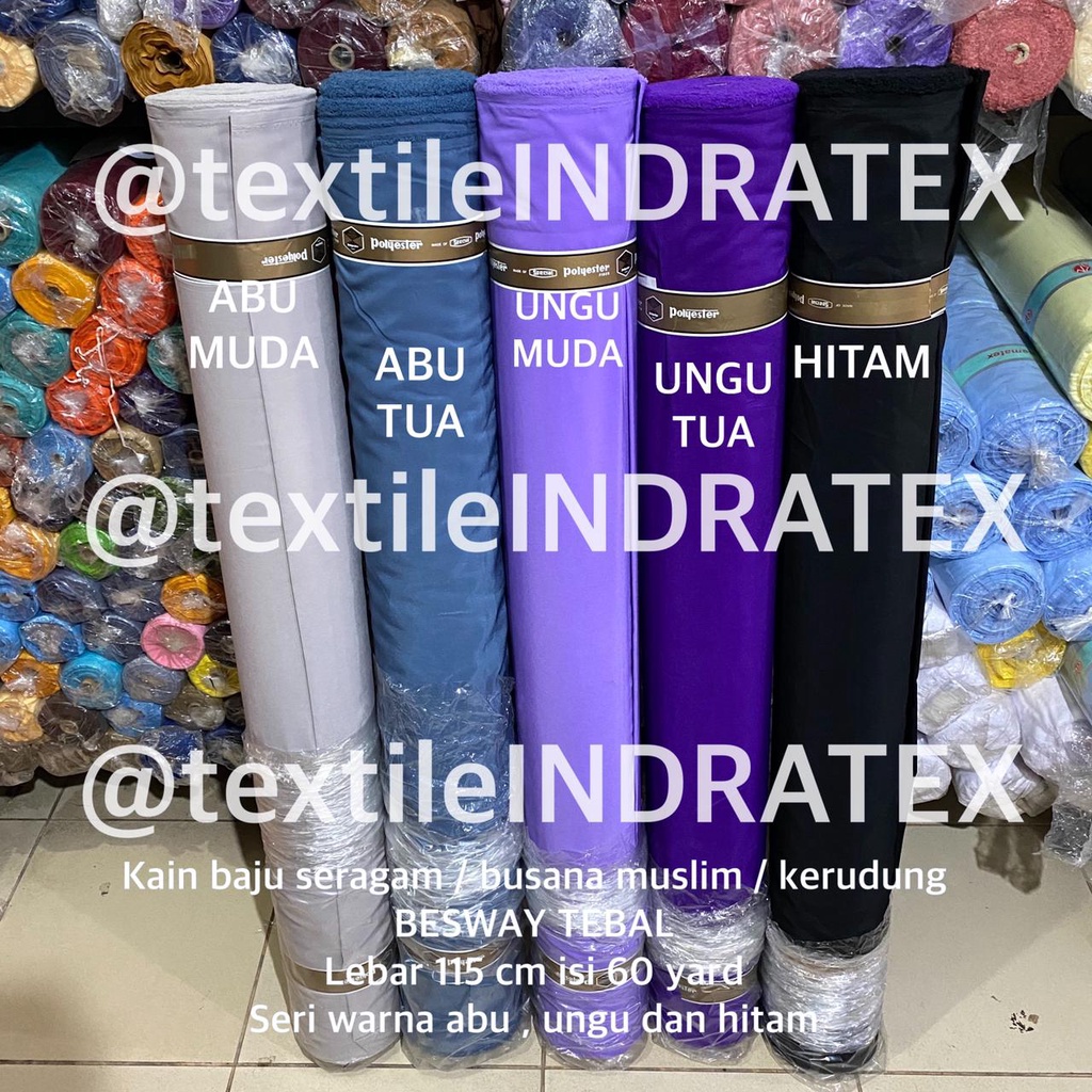 ( per 1 roll ) bahan gamis kain BESWAY BSY TEBAL POLYESTER premium lebar 115 cm bahan baju seragam sekolah busana muslim gamis koko kaftan celana kulot kerudung jilbab dress bahan printing sublime sajadah sejadah BUKAN KATUN