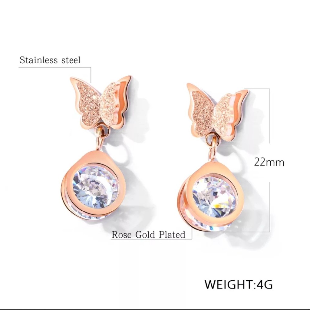 Anting Tusuk Titanium Kupu-Kupu Dengan Bandul Diamond Artifisial Tersedia Warna Rose Gold dan Gold