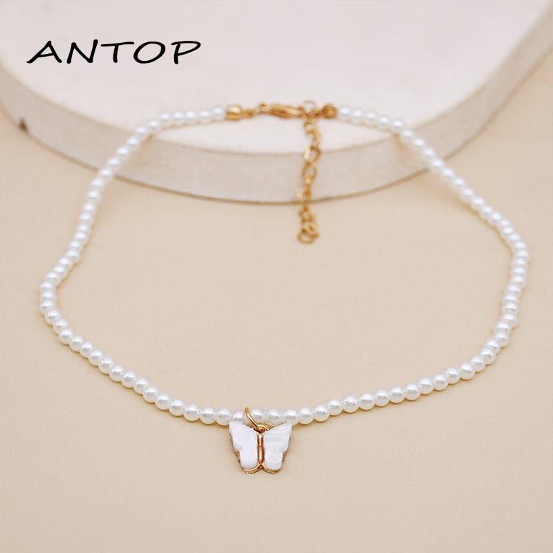 1 Pcs Korea Kalung Mutiara Panjang Asli Kupu Baja Titanium Perhiasan Pearl Necklace ANTOP
